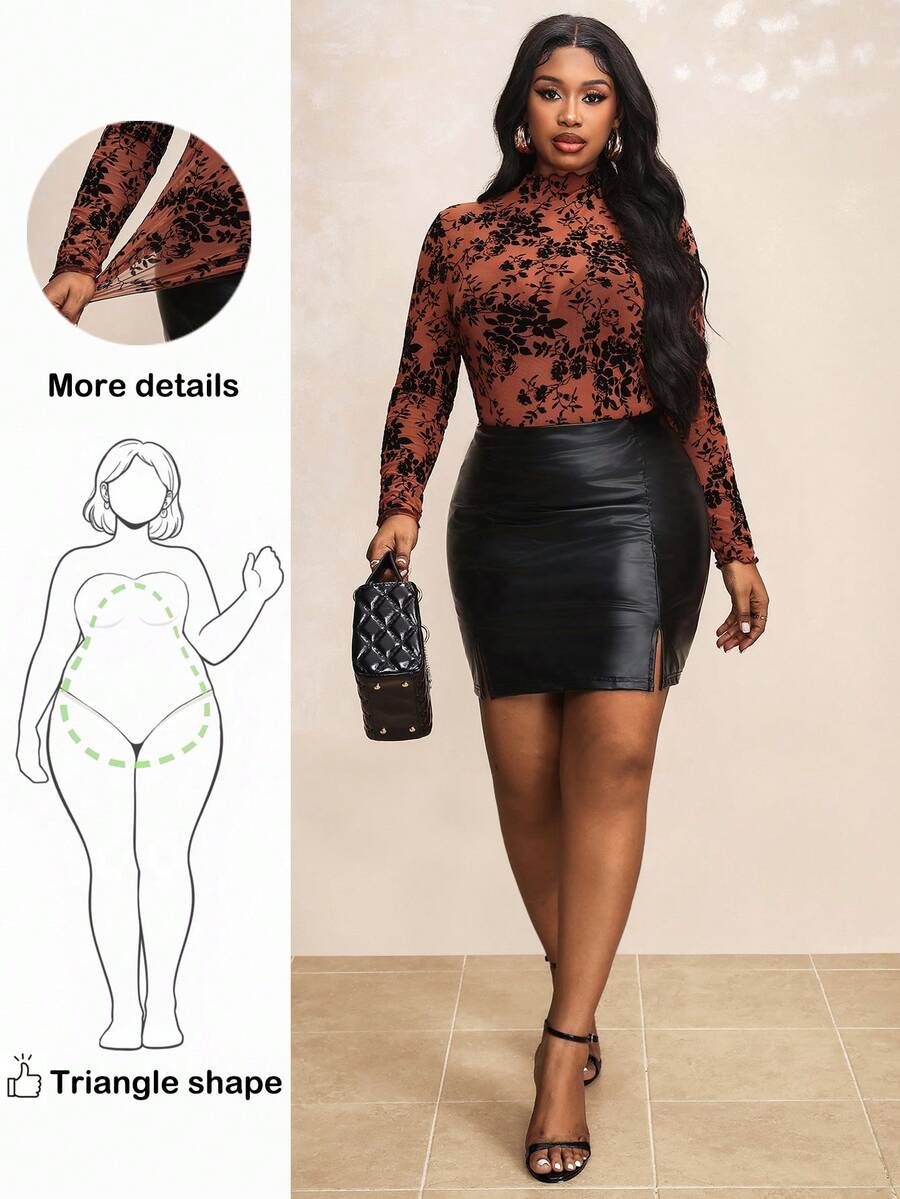 Truni Plus Size Floral Print Sheer Stand Collar Mesh Blouse (Bralette Not Included),Autumn Outfits For Women, Women's Clothing, For Pear Triangle Body Shape - Brown - View 1