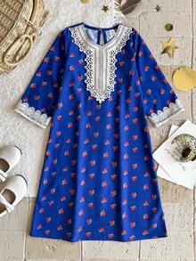 SHEIN 女童蓝色碎花长袖连衣裙，荷叶边设计，时尚优雅，适合日常穿着，春秋季 - 藍色 - 查看 3