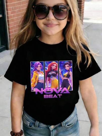 Young Girls' Casual Cartoon K-POP Nova Beat Letter Print Short Sleeve Round Neck T-Shirt, Black, Summer Tops