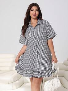 Solflare 春夏新款休闲宽松格纹荷叶边短袖衬衫裙，适合外出、日常穿着、派对、约会、生日、节日、返校、度假、新年等多种场合，可单穿或叠穿，大码尺码 - 黑與白 - 查看 5
