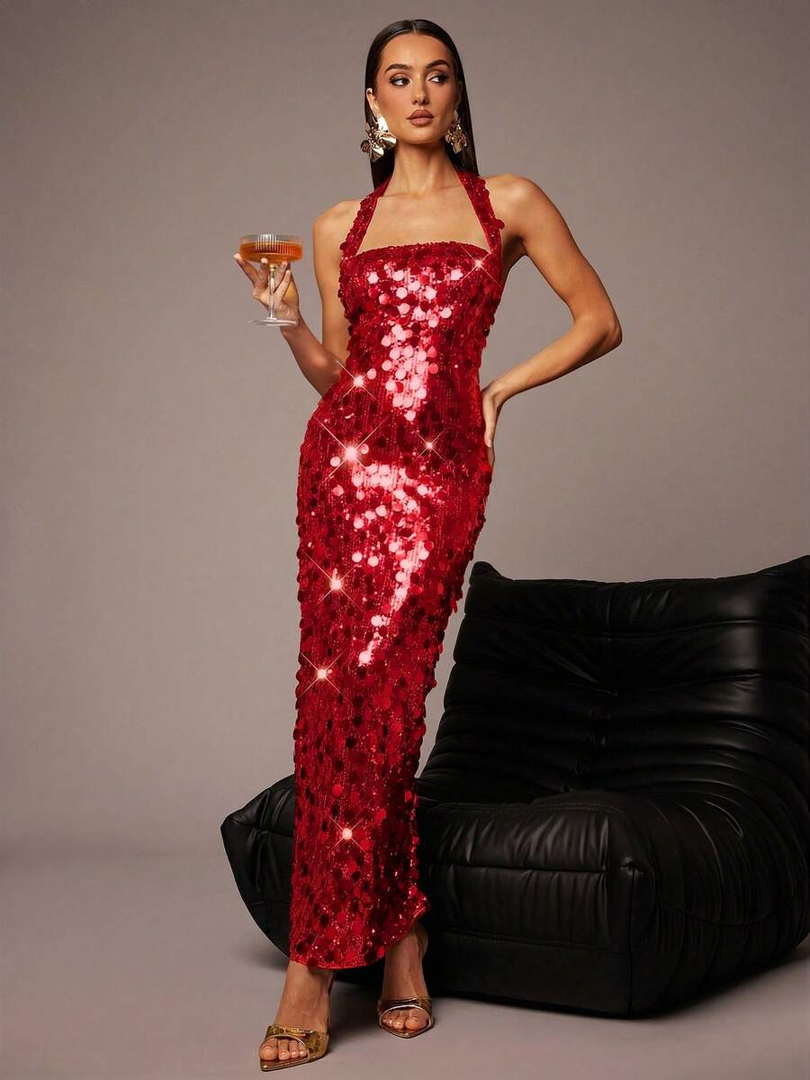 Silquee Đầm dạ hội thanh lịch, lấp lánh, ôm sát, có dây đeo đính sequin. - Đỏ - Xem 1