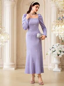 Modelyn 女士纯色方领泡泡袖水钻装饰修身优雅连衣裙 - 紫色 - 查看 3