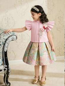 Girls Light Pink Summer Party Elegant Set,3D Floral Applique Ruffle Armhole Puff Sleeve Top And Jacquard Skirt,Pastel Flower Embroidered Blouse Dress - Pink - View 5