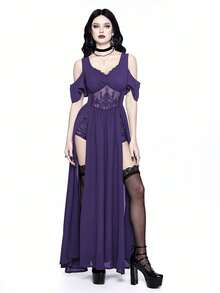 ROMWE Goth Vestido de mujer con escote en V profundo, hombros descubiertos, abertura alta y bordado estilo gótico - Morado - Ver 3