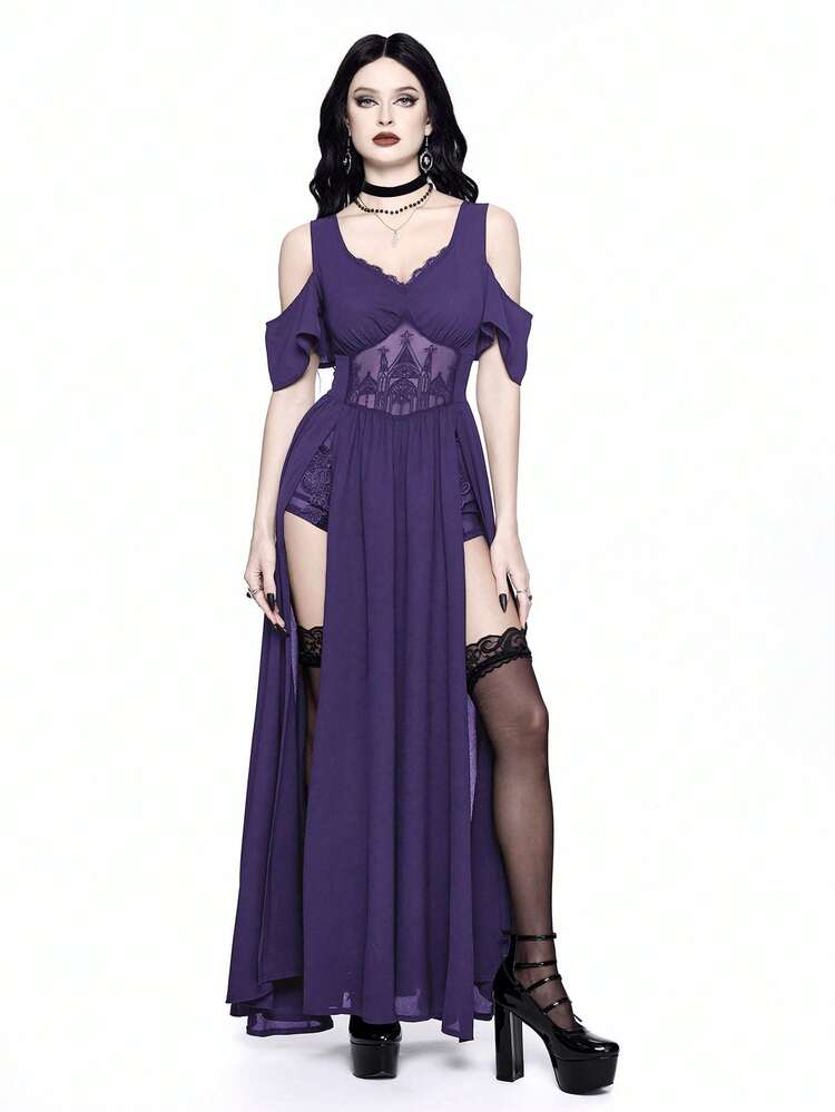 ROMWE Goth Vestido de mujer con escote en V profundo, hombros descubiertos, abertura alta y bordado estilo gótico - Morado - Ver 3