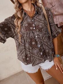 LanaWest Women's Casual Printed Batwing Sleeve Single-Breasted Pleated Casual Shirt - Brown - View 4