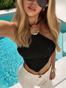 Aloruh Top halter de unicolor con decoración metálica y bajo asimétrico para mujer - Negro - Ver 6