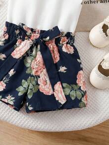 Babygirl Cute White Camisole & Elastic Waist Shorts Set, Summer - Multicolor - View 4