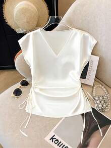 GlowEve Women's V-Neck Short Sleeve Fitted Waist Drawstring Tie Design Satin Elegant Birthday Party Wedding Outfit Chic Commute Date Fashion New White Blouse - Beige - View 1