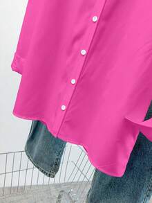INAWLY Women's Solid Color Front Button Casual Long Sleeve Shirt - Hot Pink - View 4