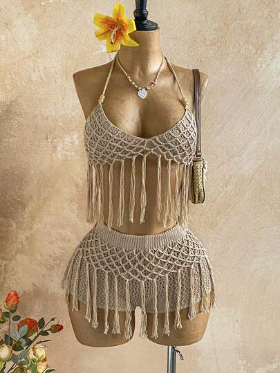 Soleia New Women's Vacation 2 Pieces Set, Knitted Textured Fringe Mini Dress, Sexy Outfit For Party, Date, Beach Vacation, Summer Styling, Holiday Date, Afternoon Tea, Wedding Season, Beach Cruise Vacation, City Road Trip Vacation, Boho Vacation, Music Festival