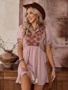 LanaWest Women's Casual Bohemian Western Floral Retro Print Ruffle Hem Half-Placket Dress - Khaki - View 3