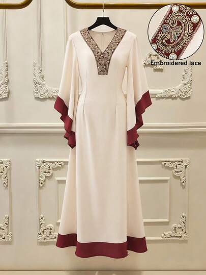 GlowEve Floral Embroidered Waist Pleated Skirt, A-Line Silhouette With Waist Definition,Bat Sleeve, V-Neck, Color Blocking Panel Design Summer Dress