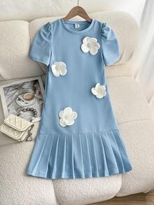 SHEIN Elladie kids Rochie preadolescentă cu mânecă scurtă, plisată, cu fundă, croială lejeră, primăvară/vară - Albastru - Vizualizare 3