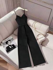 GlowEve Spring/Summer New Elegant Vacation Romantic Party Women's Outing Cinched Waist V-Neck Printed Camisole Long Straight Leg Wide Leg Jumpsuit - Black - View 2