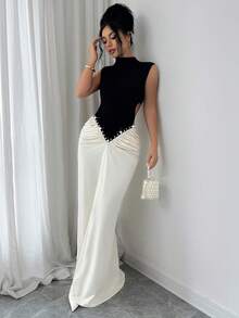 Elenzga Women's Mandarin Collar Color Block Faux Pearl Decor Cutout Back Ruched Elegant Party Maxi Fishtail Dress - Black - View 6