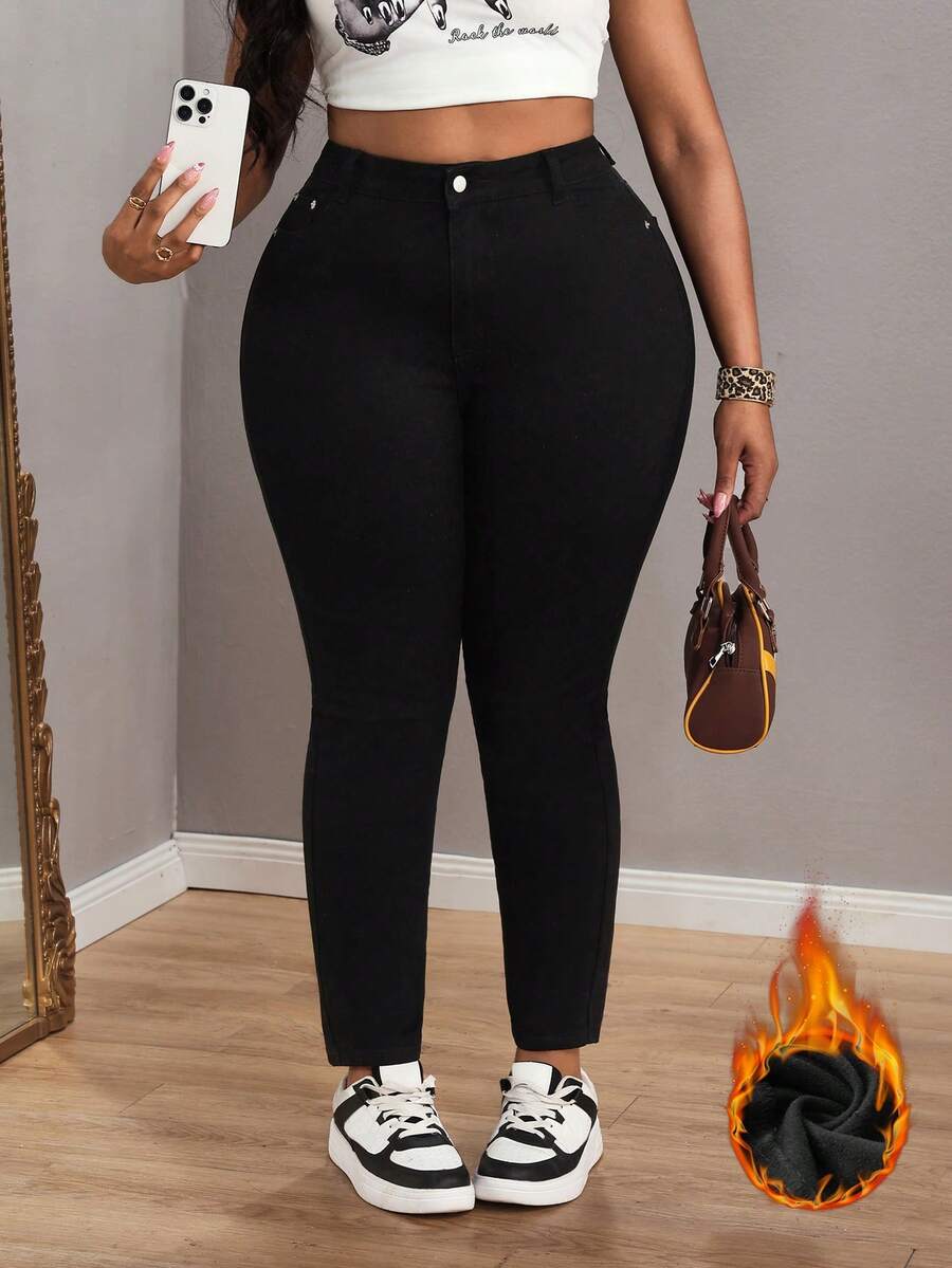 Slaydiva Jeans casuales de talla grande de unicolor con bolsillo en ángulo y silueta ajustada - Negro - Ver 1