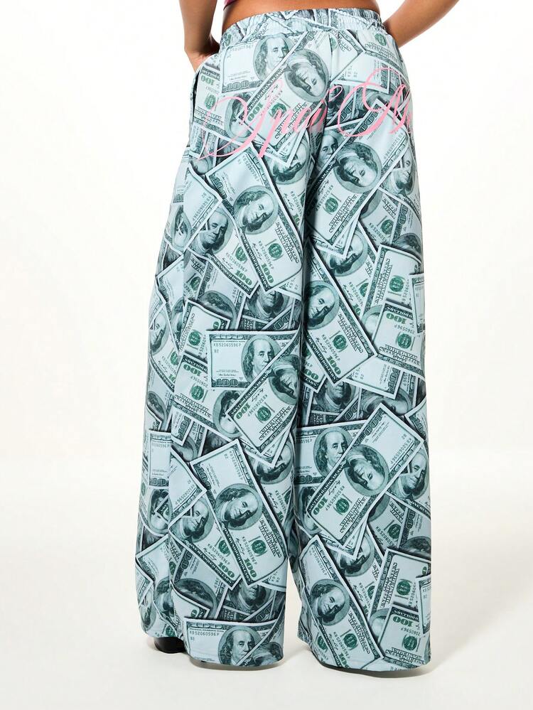 SUMWON WOMEN Money Print Wide Leg Drawstring Sweatpants