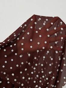 LYSMO Women's Spring/Summer Plunging Neck Spaghetti Strap Brown Polka Dot Visual Leg Revealing Design Dress - Brown - View 9