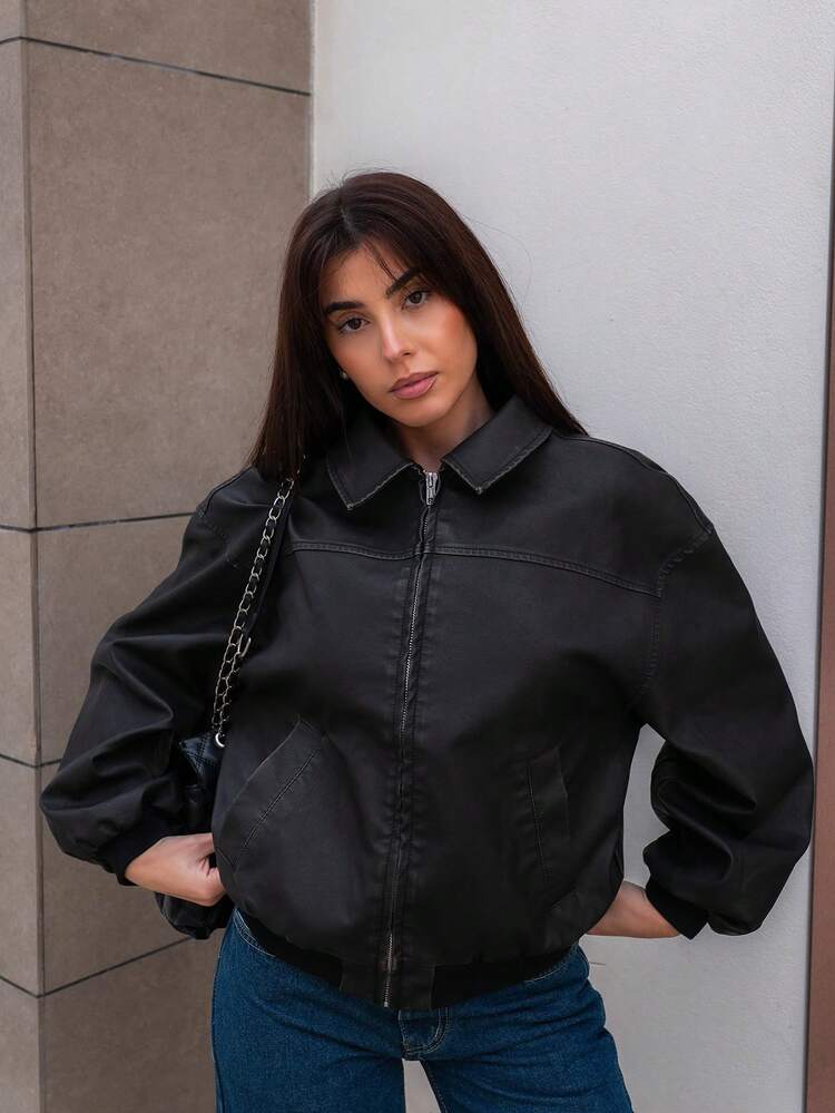 Hitanina 秋季新款复古水洗雪花 PU 皮夹克 - 黑色 - 查看 5