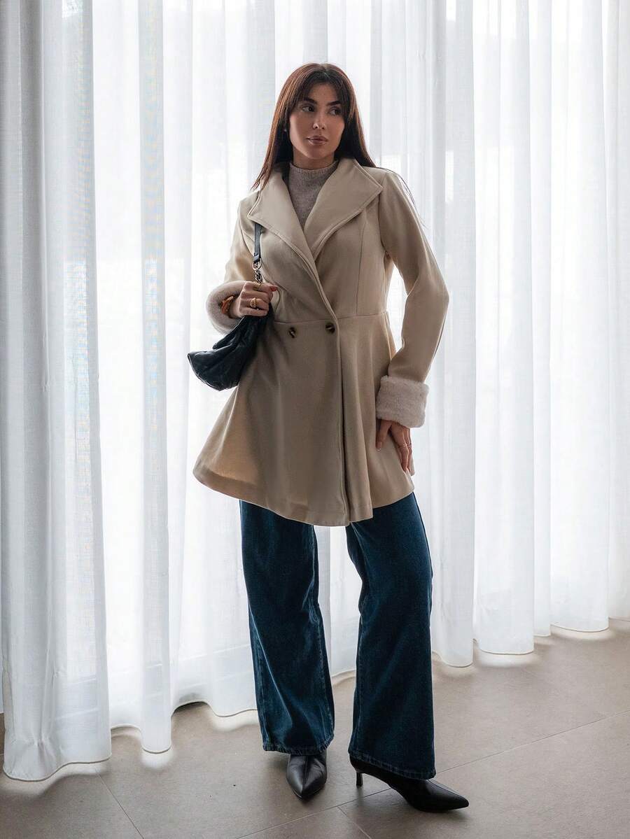 Hitanina 瀑布領雙排釦花呢外套 - 杏色 - 查看 1