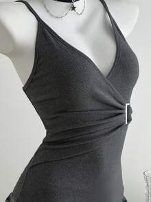 Elamini 女士休闲纯色吊带背心，夏季 - 深灰色 - 查看 4