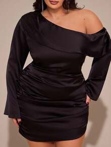 SHEIN BAE Plus Size Black Autumn Elegant Formal Evening Night Out Club Dress,Asymmetric Neckline Ruched Long Sleeve Open Back Dresses For Women Wedding Guest - Black - View 6