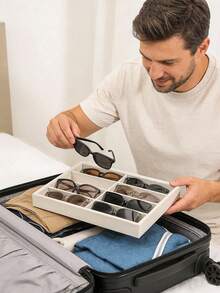 Sunglasses Storage Box, Beige Ice-Patterned Eyeglass Rack - Suitable For Both Men And Women (8 Compartments), 8 Ice-Patterned Compartments Are Used For Storing Glasses And Jewelry, Made Of Polyester Fiber Material. - Tray - View 2