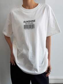 DAZY Camiseta de manga corta de mujer con cuello redondo, estampado de letras y números, de uso casual y versátil para uso diario - Blanco - Ver 4