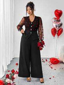 Elenzga Conjunto de 2 piezas elegante para fiesta de otoño en talla grande, color negro y rojo, cárdigan con cuello en V, mangas abullonadas con patchwork de malla en forma de corazón, botones de perla, bajo asimétrico, pantalones - Negro - Ver 4