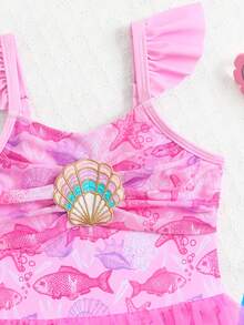 Young Girl Summer Vacation Beach Fish Print Ruffle Mesh One-Piece Swimsuit - Pink - View 4