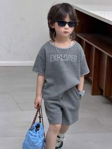 Dazy Kids 男童休闲落肩短袖T恤套装 - 深灰色 - 查看 5