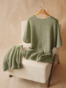 Elaquor Plus Size 2pcs Set: Summer Vacation T-Shirt And Shorts, Summer Outfits - Army Green - View 2