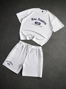 Manfinity Roghcode Conjunto de camiseta masculina de estilo urbano com tecido canelado texturizado, ideal para festivais de música ao ar livre, passeios diários, encontros com amigos, presentes para namorado/marido e presentes de aniversário. - Roxo Empoeirado - Ver 1