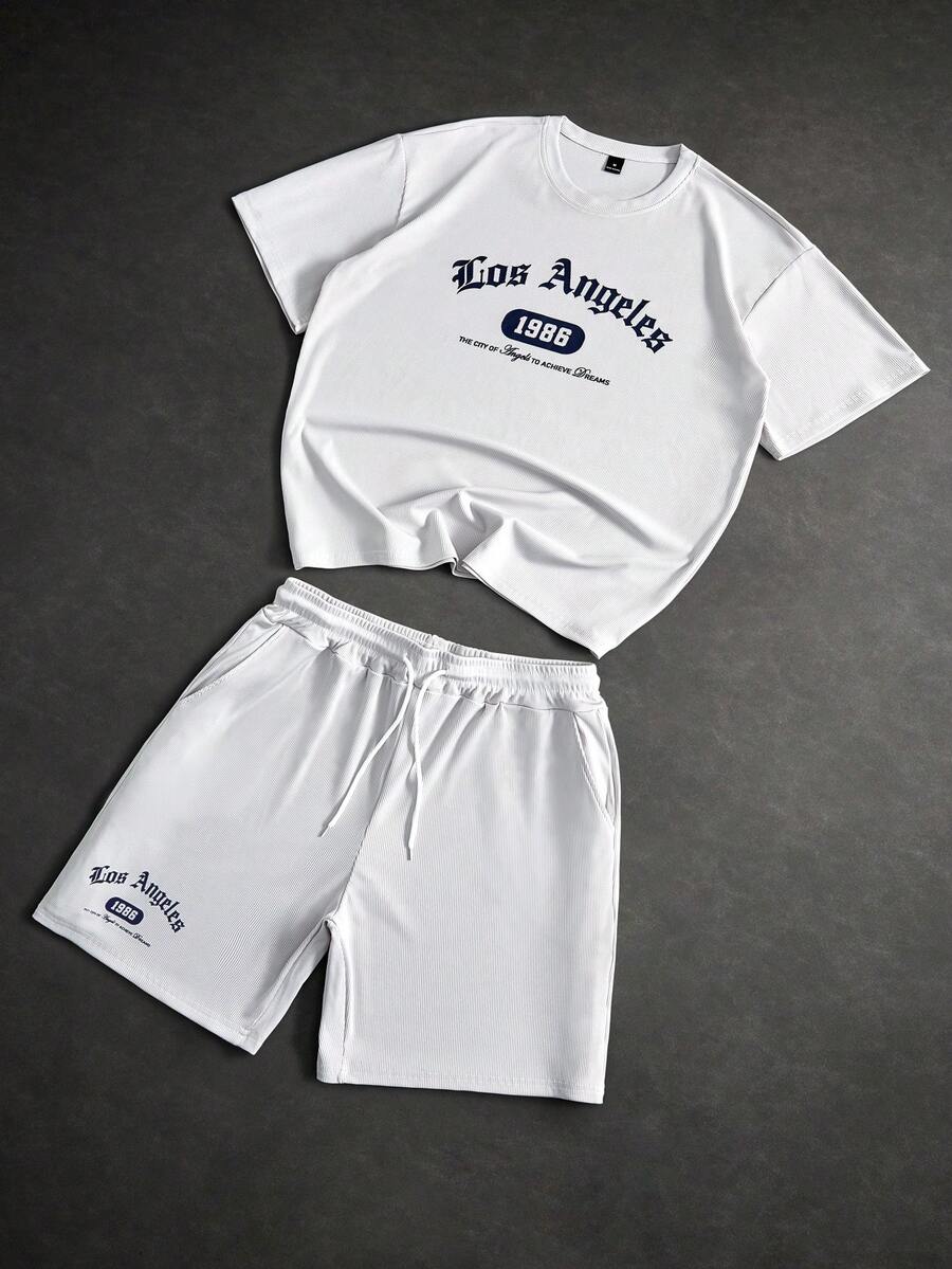 Manfinity Roghcode Conjunto de camiseta masculina de estilo urbano com tecido canelado texturizado, ideal para festivais de música ao ar livre, passeios diários, encontros com amigos, presentes para namorado/marido e presentes de aniversário. - Roxo Empoeirado - Ver 1