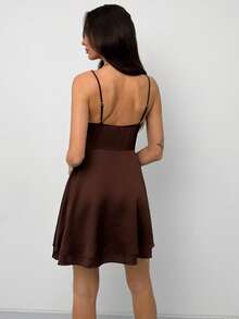 Aloruh Women's Romantic V-Neck Spaghetti Strap Double Ruffle Hem Mini Dress - Brown - View 4