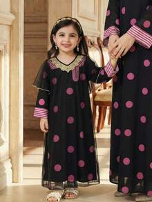 SHEIN 2pcs/Set Young Girl Geometric Print Long Sleeve Dress And Mesh Sheer Short Sleeve Dress Elegant And Adorable Two-Piece Set For Baby Girls: A Black And Purple Polka-Dot Resort Robe, An Arabian-Style Robe, And A Black Mesh Cover-Up With Gold Embroidered Lace. This Elegant And Adorable Set Is Designed Specifically For Baby Girls, Featuring Middle Eastern Patterns, And Is Suitable For Both Indoor And Outdoor Wear., Young Girls Casual Kids Jalabiya,Kids - Black - View 3