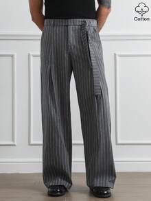 HUEFORM 男士休闲灰色条纹系带裤，独特腰带设计，春夏款 - 深灰色 - 查看 6