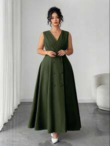 Elenzga 大码女式复古硬币设计纽扣装饰长裙，适合返校、毕业典礼、情人节、音乐节、母亲节、万圣节、感恩节、复活节、国庆节、舞会、约会派对、婚礼季、户外旅行等场合。 - 軍綠色 - 查看 8