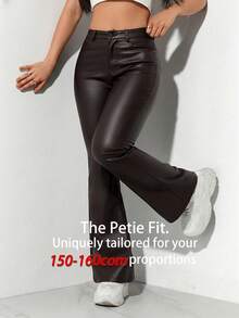 SHEIN PETITE Women's Solid Color PU Leather Pocket Casual Flared Pants - Coffee Brown - View 7