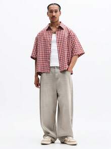 SUMWON Short Sleeve Button Down Checked Pattern Collared Shirt With Chest Pocket Summer Casual Regular Fit Woven Top - Red - View 4