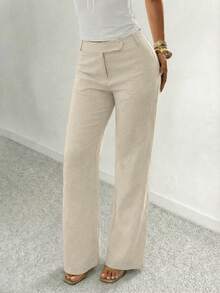 SHEIN SXY Linen Casual/Business Loose Waist Wide Leg Pants - Khaki - View 1