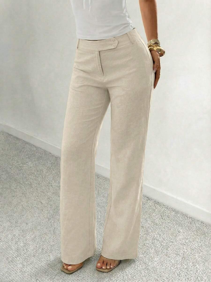 SHEIN SXY Linen Casual/Business Loose Waist Wide Leg Pants - Khaki - View 1