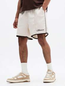 SUMWON Cream Scripted Logo Basketball Style Shorts With Black Piping Details And Drawstring Waist Summer Casual Wear - Apricot - View 1