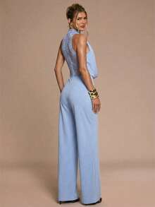 SHEIN BAE Women's Lace Patchwork Stand Collar Sheer Draped Sleeveless Jumpsuit - Baby Blue - View 2