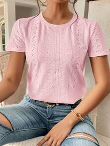 SHEIN Frenchy Áo thun cổ tròn thêu lỗ trơn - Màu Hồng baby - Xem 4