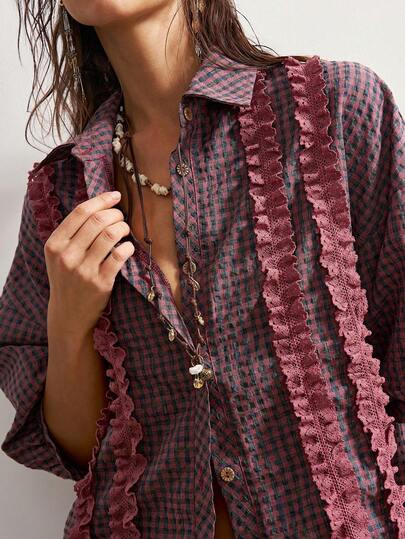 Bohemela 女士休闲格纹短袖宽松衬衫