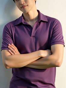 Manfinity Homme 男士条纹时尚休闲短袖polo衫 男士短袖polo衫 紫色上衣 男士夏季polo衫 紫色衬衫 男士polo衫 - 紫色 - 查看 4