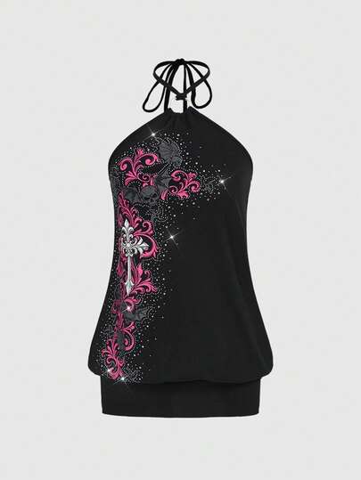 Abito mini aderente con incrocio demoniaco e strass, stile J-Fashion, per donna