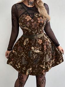 Flirla Đầm dài tay dáng chữ A cổ tròn, phong cách vintage thường ngày, cá tính, đậm chất punk, dành cho nữ cỡ lớn, thích hợp mặc hàng ngày, đi làm, Lễ Tạ ơn, Tiệc năm mới, Halloween, Kỳ nghỉ, tựu trường, Ngày lễ, Tiệc sinh nhật, Lễ hội âm nhạc, Ngày Valentine, Xuân/Hè. - màu nâu - Xem 3